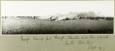 Troops being put through smoke and gas cloud, South Palestine, September 1917 by Capt. Arthur Rhodes